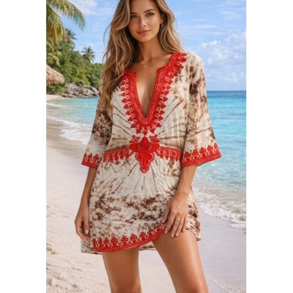 Anya Hindmarch Tie Dye Embroidered Tunic Dress Womens S Brown Red 3/4 Beach Boho